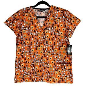 Cassandra O Halloween Orange Black Scrub Top Size M New